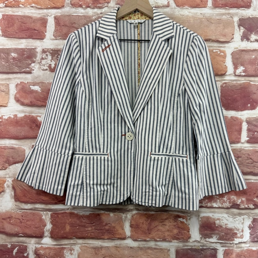 CAbi Blazer Women's 4 Blue Striped Pleated Accent Single Button Casual Jacket
